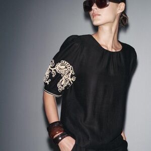 Zara Black Top with Cream Embroidery